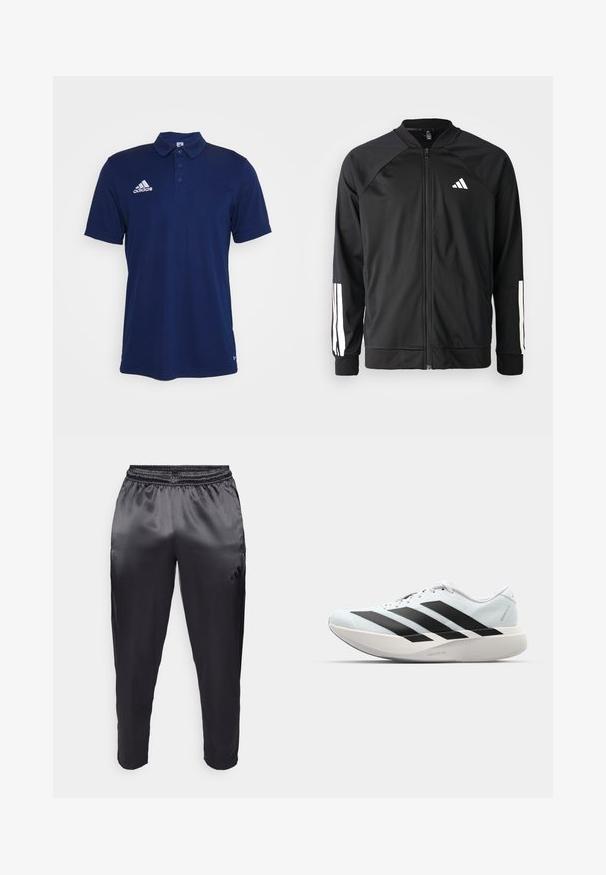 Casaco atlético preto com fecho na frente, mangas raglan, logotipo Adidas branco e riscas brancas nas mangas. Tecido suave com punhos elásticos.; Polo de cor azul-marinho feito de tecido suave, apresenta uma casa de botão de três botões, colarinho pontudo e o logótipo branco da Adidas no peito.; Calças atléticas pretas feitas de um tecido leve e suave com um cós elástico. Apresenta um pequeno logótipo no lado esquerdo e pernas ajustadas.; Tênis de corrida leves em azul pálido com riscas pretas. Apresentam um cabedal liso, bico redondo e uma entressola espessa branca rotulada como "LIGHTSTRIKE PRO."