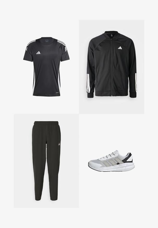 Svart sportjacka med framdraget blixtlås, raglanärmar, vitt Adidas-logotyp och vita ränder på ärmarna. Slät tyg med elastiska mudd.; Svart tränings t-shirt med korta ärmar, med vita sidostripes och Adidas-logotyp. Tillverkad av ett mjukt, fukttransporterande material.; Svarta träningsbyxor med elastisk midja, slim fit och vitt logotyp på vänster ben. Slät, lättviktsmaterial.; Vit löparsko med övre i mesh, grå accenter, tre grå ränder, vadderad krage och en lätt sula med Cloudfoam-teknologi.