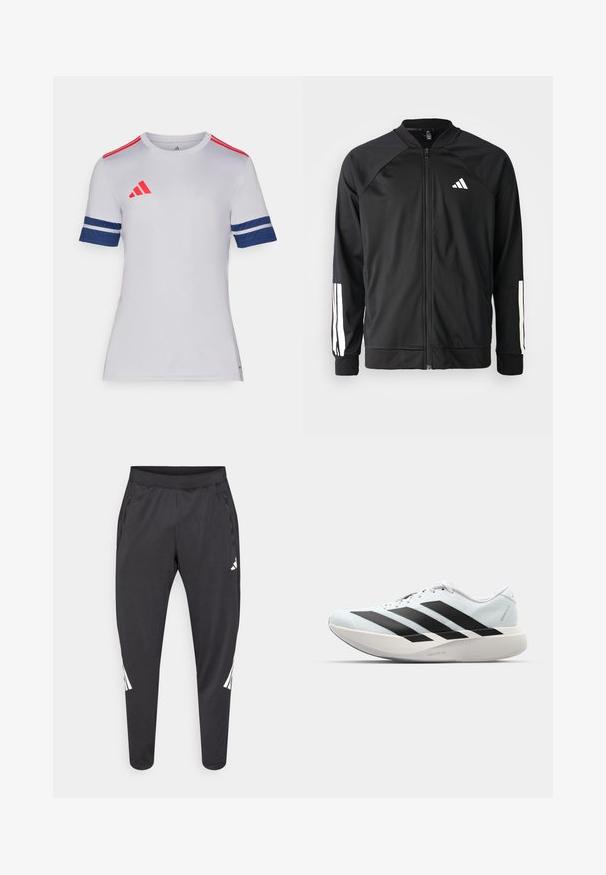 Fekete sportdzseki elől cipzárral, raglán ujjaival, fehér Adidas logóval és fehér csíkokkal az ujjakon. Simakészletű anyag rugalmas mandzsettákkal.; Fél hosszú ujjú fehér sportpóló piros és sötétkék részletekkel. Az Adidas logójával rendelkezik, csíkos sötétkék ujjak és kerek nyak kialakítással.; Fekete sportnadrág karcsúsított szárakkal, rugalmas derékrésszel, oldalzsebekkel, valamint fehér logóval és csíkozással. Sima, könnyű anyagból készült.; Világoskék, fekete csíkos könnyű futószerek. Simább felső résszel, kerek orral és vastag fehér középtalppal, amelyen a "LIGHTSTRIKE PRO" felirat olvasható.