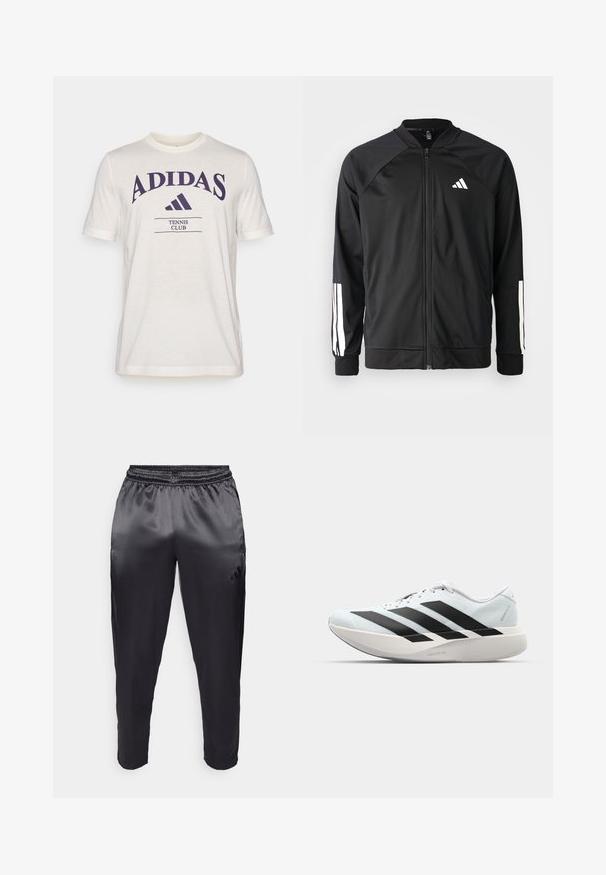 Jachetă sport neagră, cu fermoar frontal, mâneci raglan, logo Adidas alb și dungi albe pe mâneci. Material neted, cu manșete elastice.; Tricou de culoare crem, cu mâneci scurte, având un logo mare violet "ADIDAS" și textul "TENNIS CLUB" în violet închis dedesubt.; Pantaloni sportivi negri dintr-un material neted, ușor, cu un tiv elastic. Au un logo mic pe partea stângă și picioare tapered.; Pantofi de alergare ușori în albastru deschis cu dungi negre. Au un superior neted, vârf rotund și o intermediară groasă albă etichetată "LIGHTSTRIKE PRO."