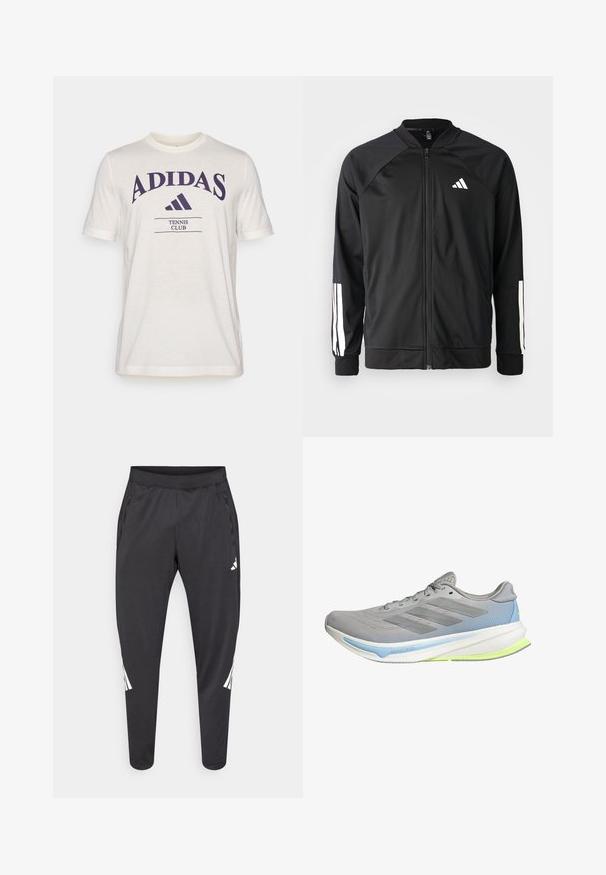 Černá sportovní bunda s předním zipem, raglánovými rukávy, bílým logem Adidas a bílými pruhy na rukávech. Hladká tkanina s elastickými manžetami.; Krémové tričko s krátkým rukávem, na kterém je velké fialové logo "ADIDAS" a text "TENNIS CLUB" v tmavě fialové barvě pod ním.; Černé atletické kalhoty se zúženými nohavicemi, elastickým pasem, bočními kapsami a bílým logem a proužky jako ozdobou. Vyrobené z hladkého, lehkého materiálu.; Lehká běžecká bota ze šedé síťoviny s modrými a limetkově zelenými akcenty. Má zakřivenou podrážku, texturovaný vzor a šest otvorů na tkaničky.