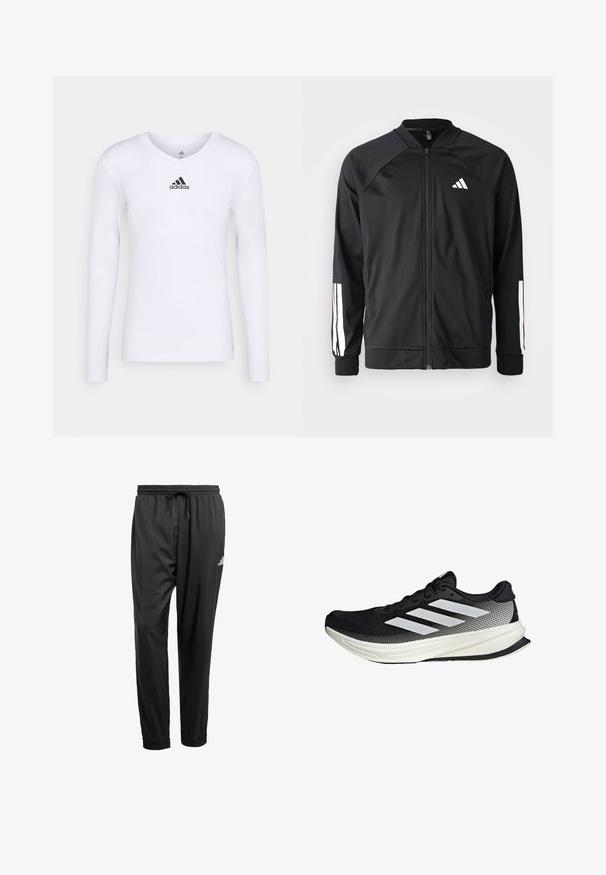 Black athletic jacket with a front zipper, raglan sleeves, white Adidas logo, and white stripes on sleeves. Smooth fabric with elastic cuffs.; Long-sleeve white athletic shirt made of smooth material featuring a black Adidas logo at the chest; V-neck design and fitted shape.; Black athletic pants with elastic waistband, drawstring, cuffed ankles, and a small white logo on the right thigh.; Black athletic shoe with a mesh design, featuring white stripes, a rounded toe, and a textured sole for grip and support.
