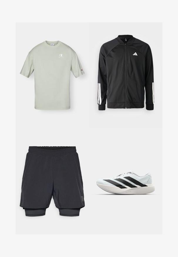 Zwarte sportjack met een rits aan de voorkant, raglanmouwen, wit Adidas-logo en witte strepen op de mouwen. Gladde stof met elastische manchetten.; Lichtgroene katoenen t-shirt met een ronde halslijn, korte mouwen en een klein wit logo op de borst met een logo-accent op de mouw.; Zwarte sportshorts met een elastische tailleband, gelaagd ontwerp en een aansluitende binnenvoering. Bevat een subtiele logo aan de onderkant.; Lichte hardloopschoenen in lichtblauw met zwarte strepen. Beschikt over een soepele bovenkant, ronde neusstuk en dikke witte tussenzool met het label "LIGHTSTRIKE PRO."
