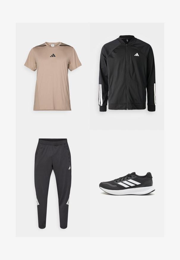 Crna sportska jakna s prednjim zatvaračem, raglan rukavima, bijelim Adidas logom i bijelim prugama na rukavima. Glatka tkanina s elastičnim manžetama.; Tanka atletska majica izrađena od glatkog materijala, s crnim akcentima na ramenima i crnim Adidas logom u središtu grudnog koša.; Crne sportske hlače suženih nogavica, s elastičnim pojasom, bočnim džepovima te bijelim logom i prugama kao detaljima. Izrađene od glatkog, laganog materijala.; Crne atletske tenisice s prozračnom mrežicom na gornjem dijelu, bijelim akcentima i mekanim potplatom. Imaju logo s tri pruge sa strane.