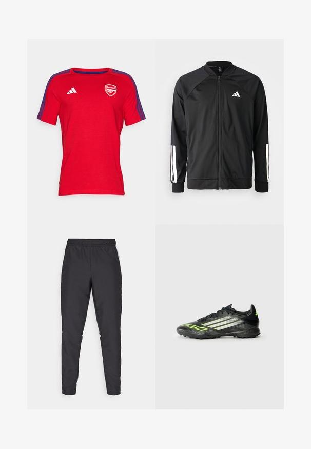 Giacca atletica nera con zip frontale, maniche raglan, logo Adidas bianco e strisce bianche sulle maniche. Tessuto liscio con polsini elasticizzati.; T-shirt rosso a maniche corte realizzato in cotone, con scollatura rotonda, strisce blu sulle spalle e logo dell'Arsenal sul petto.; Pantaloni sportivi neri con cintura elastica, gambe affusolate e dettagli laterali bianchi. Realizzati in materiale sintetico con una texture liscia.; Scarpa da calcio nera con superficie texturizzata, caratterizzata da accenti verde brillante e tre strisce bianche. Progettata per il turf con una suola in gomma.