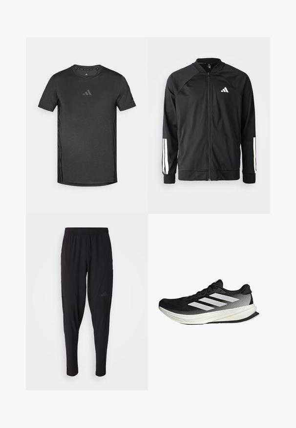 Zwarte sportjack met een rits aan de voorkant, raglanmouwen, wit Adidas-logo en witte strepen op de mouwen. Gladde stof met elastische manchetten.; Zwarte sport t-shirt met korte mouwen, gemaakt van ademend materiaal. Bevat een subtiele logo op de borst en getextureerde zijaccenten.; Zwarte sportbroek met een elastische tailleband, taps toelopend ontwerp, zijzakken en subtiele logodetails. Gemaakt van flexibele, ademende stof.; Zwarte sportieve schoen met een mesh ontwerp, voorzien van witte strepen, een ronde neus en een gestructureerde zool voor grip en ondersteuning.