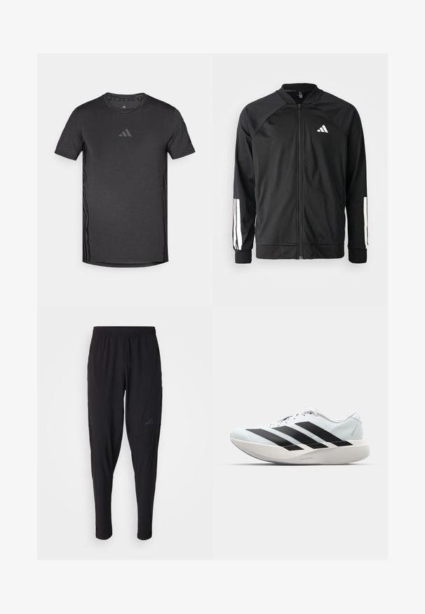 Černá sportovní bunda s předním zipem, raglánovými rukávy, bílým logem Adidas a bílými pruhy na rukávech. Hladká tkanina s elastickými manžetami.; Černé sportovní tričko s krátkými rukávy, vyrobené z prodyšného materiálu. Obsahuje jemné logo na hrudi a texturované boční detaily.; Černé sportovní kalhoty s elastickým páskem, zúženým střihem, bočními kapsami a nenápadným logem. Vyrobeno z pružné, prodyšné látky.; Lehké běžecké boty v světle modré barvě s černými pruhy. Mají hladký svršek, kulatou špičku a silnou bílou mezipodešev označenou "LIGHTSTRIKE PRO."