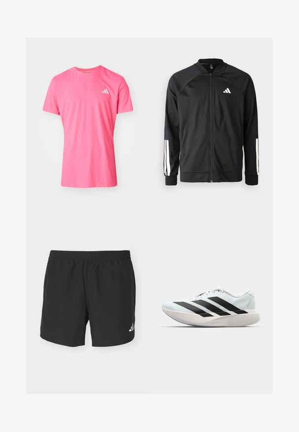 Svart treningsjakke med frontglidelås, raglanermer, hvit Adidas-logo og hvite striper på ermene. Glatt stoff med elastiske mansjetter.; Rosa t-skjorte med korte ermer og rund hals, laget av mykt materiale, med en subtil tekstur og en liten hvit Adidas-logo på brystet.; Sorte atletiske shorts med elastisk midje, sidelukninger og reflekterende logo aksenter. Laget av lett, glatt stoff.; Lette løpesko i lys blå med svarte striper. Har en myk overdel, rund tå og tykk hvit mellomsole merket "LIGHTSTRIKE PRO."