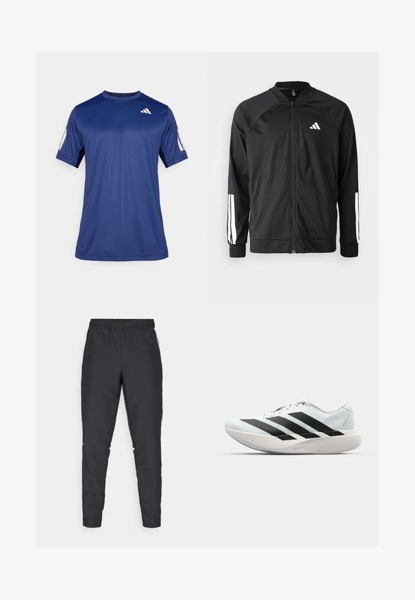 Mustar mustreeritud spordijakk, millel on ees lukuga taskud, raglanvarrukad, valge Adidas logo ja valged triibud varrukatel. Sile kangas elastsete mansettidega.; Tume sinine lühikeste varrukatega spordisärk, mis on valmistatud siledast kangast, ümmarguse kaelaauguga ja valge logoga vasakul ülemisel rinnaosal.; Mustad mustusharjased püksid elastse vöökohtadega, kitsenevate jalgadega ja valgete külgaktsentidega. Valmistatud sünteetilisest materjalist, millel on sile tekstuur.; Kerged jooksujalatsid helesinises värvuses mustade triipudega. Omavad siledat pealispinda, ümarat varvase osa ja paksu valget vahemõõtu, millel on silt "LIGHTSTRIKE PRO".