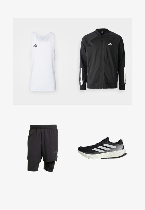 Giacca atletica nera con zip frontale, maniche raglan, logo Adidas bianco e strisce bianche sulle maniche. Tessuto liscio con polsini elasticizzati.; Canotta atletica bianca senza maniche realizzata in tessuto leggero, con il logo Adidas nero sul lato sinistro del petto e scollatura a girocollo.; Pantaloni sportivi neri con strato interno integrato, realizzati in tessuto traspirante. Presentano un logo discreto e una texture strutturata. Vita regolabile.; Scarpa sportiva nera con design in rete, caratterizzata da strisce bianche, punta arrotondata e suola testurizzata per aderenza e supporto.