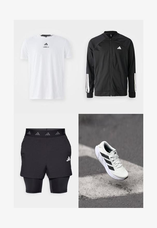 Crna sportska jakna s prednjim zatvaračem, raglan rukavima, bijelim Adidas logom i bijelim prugama na rukavima. Glatka tkanina s elastičnim manžetama.; Bjela sportska majica od lagane tkanine. Ima okrugli izrez, kratke rukave i crni "LES MILLS" logo sprijeda.; Crne atletske kratke hlače s unutarnjim slojem. Teksturirana tkanina na vanjskom dijelu hlača, sa uzorkovanom elastičnom trakom u struku i logotipskim detaljem.; Bjela atletska cipela s mrežastim gornjim dijelom s teksturom, crnim prugama, vezanjem na vezice i podstavljenim potplatom, lebdi iznad označene ceste.