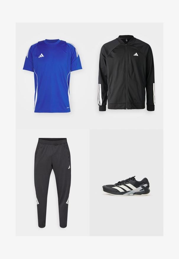 Chaqueta deportiva negra con cremallera frontal, mangas raglán, logo de Adidas en blanco y rayas blancas en las mangas. Tejido suave con puños elásticos.; Camiseta deportiva azul hecha de tela ligera, con acentos blancos en los hombros y los lados, y un pequeño logo en el pecho.; Pantalones deportivos negros con piernas ajustadas, cintura elástica, bolsillos laterales y detalles en logo y rayas blancas. Hechos de un material suave y ligero.; Zapatilla deportiva negra con franjas blancas, parte superior de malla, punta redondeada y suela acolchada. Presenta un talón texturizado y un sistema de cordones seguro.