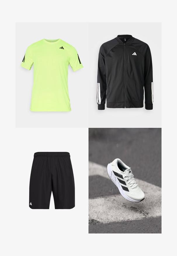 Μαύρο αθλητικό μπουφάν με μπροστινό φερμουάρ, ραγλανικά μανίκια, λευκό λογότυπο Adidas και λευκές ρίγες στα μανίκια. Λείο ύφασμα με ελαστικά μανίκια.; Νεόν κίτρινο αθλητικό μπλουζάκι κοντομάνικο με ύφασμα που απορροφά την υγρασία, με μαύρο λογότυπο Adidas και ρίγες στα μανίκια.; Μαύρες αθλητικές βερμούδες με ελαστική ζώνη. Φτιαγμένες από ελαφρύ ύφασμα, με διακριτική υφή και μικρή λευκή λογότυπη λεπτομέρεια.; Λευκό αθλητικό παπούτσι με υφαντό επάνω μέρος, μαύρες ρίγες, κλείσιμο με κορδόνια και μαξιλαρωμένη σόλα, που αιωρείται πάνω από μία σημασμένη επιφάνεια δρόμου.