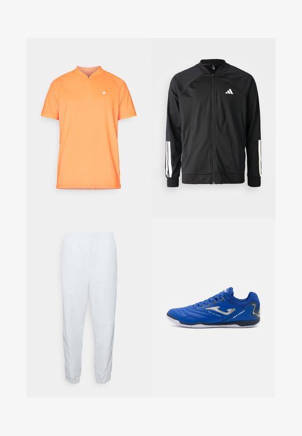 Casaco atlético preto com fecho na frente, mangas raglan, logotipo Adidas branco e riscas brancas nas mangas. Tecido suave com punhos elásticos.; Polo de manga curta laranja com colarinho elevado e fecho de meio zíper na frente. Apresenta um pequeno logotipo branco no lado esquerdo do peito. Textura suave.; Calças brancas, leves, com cintura elástica, pernas afuniladas e punhos elásticos. Textura suave, sem padrões visíveis ou peças de metal.; Ténis atléticos azuis com um upper em malha respirável, sobreposições sintéticas texturizadas, detalhes prateados e uma sola de borracha branca.