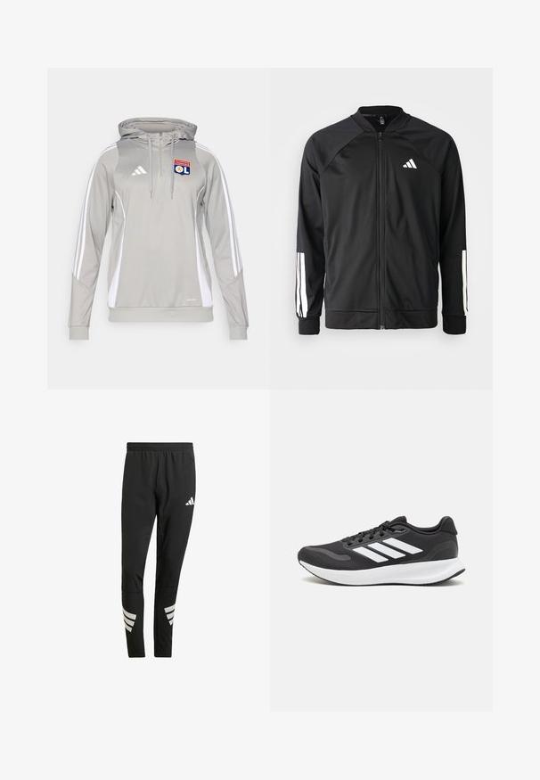 Svart treningsjakke med frontglidelås, raglanermer, hvit Adidas-logo og hvite striper på ermene. Glatt stoff med elastiske mansjetter.; Grå treningsoverdels med hvite sid paneler og tre hvite striper på ermene. Har en frontglidelås, snorhette og brodert logo.; Sorte treningsbukser med elastisk midje, med reflekterende hvite detaljer i striper på underbena. Laget av et glatt stoff.; Svarte sportsko med pustende mesh-overdel, hvite detaljer og en polstret såle. Har tre striper-logo på siden.