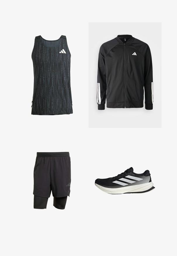 Giacca atletica nera con zip frontale, maniche raglan, logo Adidas bianco e strisce bianche sulle maniche. Tessuto liscio con polsini elasticizzati.; Canotta sportiva nera con un motivo testurizzato, design senza maniche e accenti del logo bianco. Tessuto leggero con una vestibilità ampia.; Pantaloni sportivi neri con strato interno integrato, realizzati in tessuto traspirante. Presentano un logo discreto e una texture strutturata. Vita regolabile.; Scarpa sportiva nera con design in rete, caratterizzata da strisce bianche, punta arrotondata e suola testurizzata per aderenza e supporto.