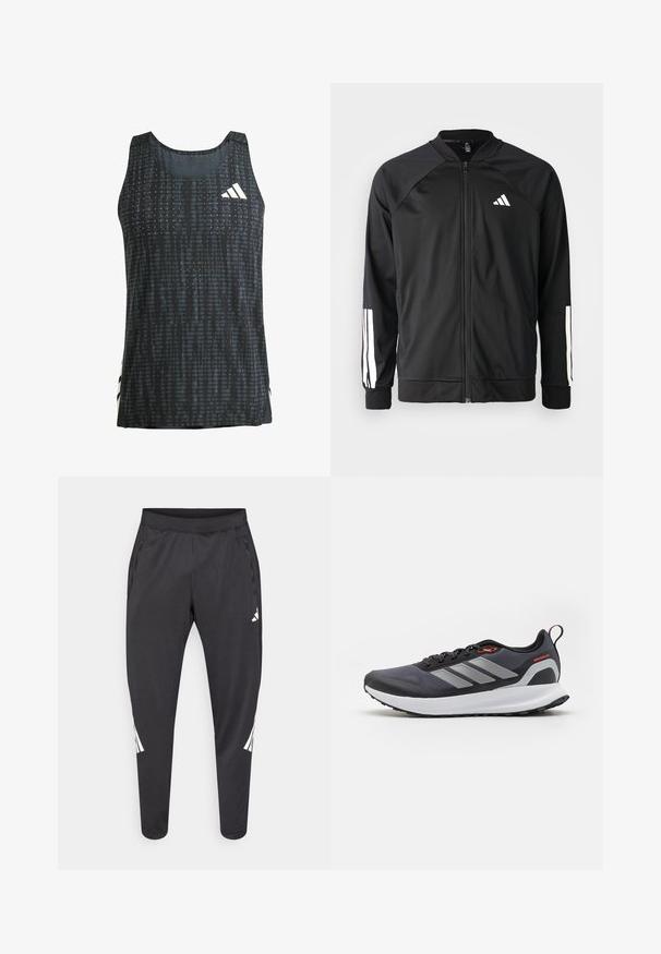 Μαύρο αθλητικό μπουφάν με μπροστινό φερμουάρ, ραγλανικά μανίκια, λευκό λογότυπο Adidas και λευκές ρίγες στα μανίκια. Λείο ύφασμα με ελαστικά μανίκια.; Μαύρη αθλητική μπλούζα χωρίς μανίκια με υφή, σχεδίαση χωρίς μανίκια και λευκές λεπτομέρειες στο λογότυπο. Ελαφρύ ύφασμα με χαλαρή εφαρμογή.; Μαύρο αθλητικό παντελόνι με στενά πόδια, ελαστική μέση, πλαϊνές τσέπες, λευκό λογότυπο και ρίγες. Κατασκευασμένο από λείο, ελαφρύ υλικό.; Αθλητικά παπούτσια τρέξιμου σε μαύρο χρώμα με γκρι λεπτομέρειες. Διαθέτουν υφή στην επάνω πλευρά, ανθεκτική σόλα και ανακλαστικές ρίγες. Ελαφρύ σχέδιο με μαξιλαρωμένη ενδιάμεση σόλα.