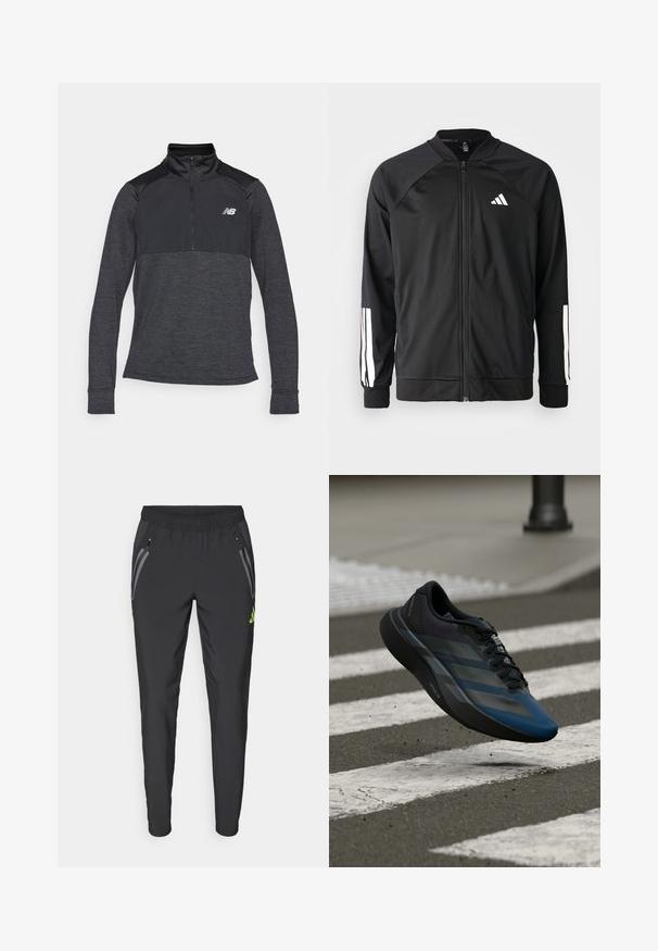 Black athletic jacket with a front zipper, raglan sleeves, white Adidas logo, and white stripes on sleeves. Smooth fabric with elastic cuffs.; Black athletic long-sleeve top with a quarter-zip collar, featuring a textured fabric and a small logo on the left chest.; adidas Performance REAL MADRID TIRO25 PRO VIS TECH TRAVEL PANT - Club wear - black/lucid lemon; Black and blue athletic shoe with a streamlined design, featuring a textured upper, contrasting stripes, and a cushioned sole, hovering over pavement.
