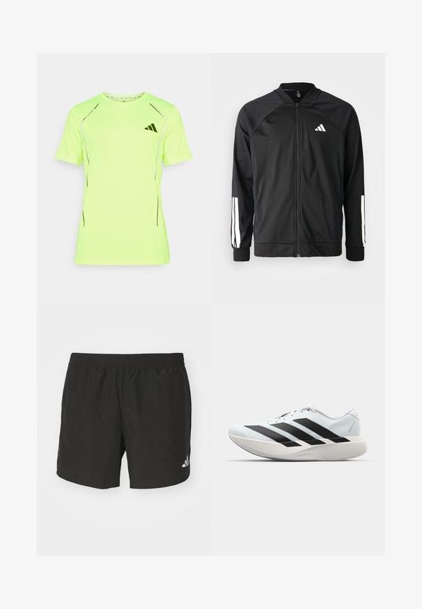 Veste de sport noire avec fermeture éclair à l'avant, manches raglan, logo Adidas blanc et bandes blanches sur les manches. Tissu lisse avec des poignets élastiques.; T-shirt de sport jaune néon à manches courtes, avec des accents noirs et un logo. Fabriqué en matériau léger et respirant avec une texture lisse.; Shorts de sport noirs avec une taille élastique, des fentes sur les côtés et des accents de logo réfléchissants. Fabriqués en tissu léger et lisse.; Baskets de course légères en bleu pâle avec des rayures noires. Elles présentent un dessus lisse, un embout rond et une semelle intermédiaire blanche épaisse étiquetée "LIGHTSTRIKE PRO".