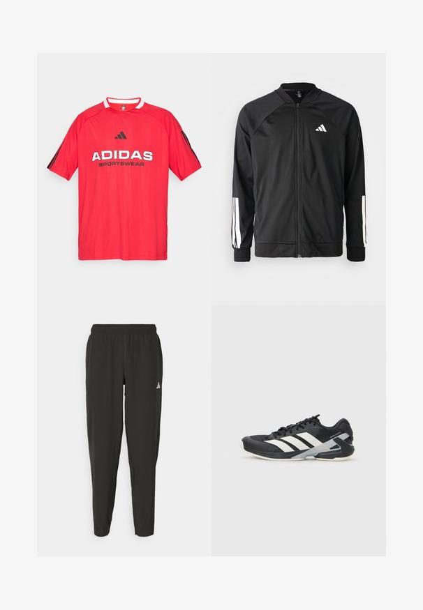 Casaco atlético preto com fecho na frente, mangas raglan, logotipo Adidas branco e riscas brancas nas mangas. Tecido suave com punhos elásticos.; Camisola desportiva da Adidas em vermelho com logótipo e texto pretos, mangas curtas, decote redondo, apresentando riscas pretas nas laterais, feita de tecido respirável.; Calças de atletismo pretas com cintura elástica, corte justo e logotipo branco na perna esquerda. Tecido liso e leve.; Sapata atlética preta com riscas brancas, parte superior em malha, biqueira arredondada e sola acolchoada. Apresenta um calcanhar texturizado e um sistema de atacadores seguro.