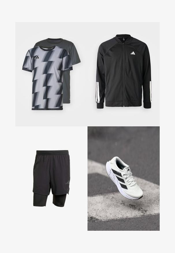 Czarna kurtka sportowa z zamkiem z przodu, raglanowymi rękawami, białym logo Adidas oraz białymi paskami na rękawach. Gładki materiał z elastycznymi mankietami.; Dwa t-shirty z krótkim rękawem: jeden szary o subtelnej fakturze, drugi z czarno-białym wzorem w zygzaki, oba z okrągłymi dekoltami.; Czarne spodenki sportowe z wbudowaną wewnętrzną warstwą, wykonane z oddychającego materiału. Posiadają subtelne logo oraz strukturalną fakturę. Regulowany pas.; Białe buty sportowe z teksturowaną siateczką, czarnymi paskami, z zapięciem na sznurowadła i wyściełaną podeszwą, unoszące się nad oznaczoną nawierzchnią drogi.