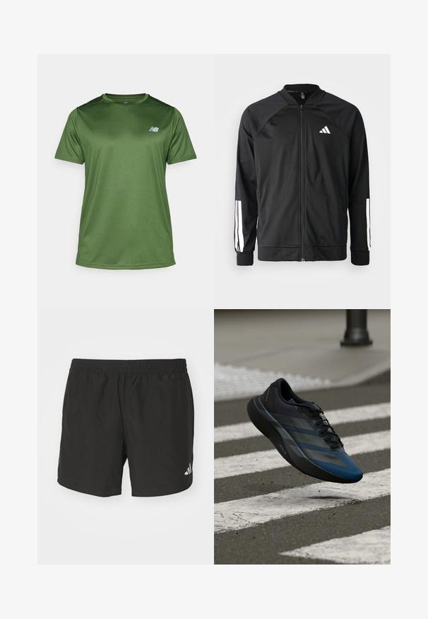 Melna sporta jaka ar priekšējo rāvējslēdzēju, raglanu piedurknēm, baltu Adidas logo un baltām svītrām uz piedurknēm. Gluda auduma sastāvs ar elastīgām aprocēm.; New Balance Sporta krekli - dark alpine green; Melnas sporta bikses ar elastīgu jostu, sānu šķeltnēm un atstarojošiem logo akcentiem. Izgatavotas no viegla, gluda auduma.; Melns un zils sporta apavu ar aerodinamisku dizainu, tam ir teksturēta virsma, kontrastējošas svītras un amortizējoša zolīte, kas peld virs ietves.