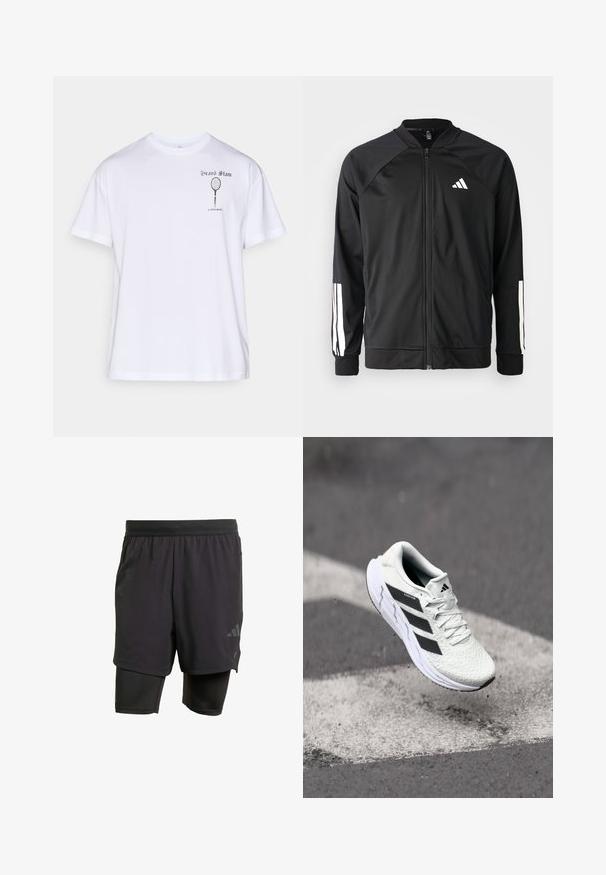 Casaco atlético preto com fecho na frente, mangas raglan, logotipo Adidas branco e riscas brancas nas mangas. Tecido suave com punhos elásticos.; T-shirt de algodão branca com mangas curtas, apresentando um gráfico impresso de uma raquete de ténis e o texto "Grand Slam Björn Borg" no lado esquerdo do peito.; Calções atléticos pretos com camada interior integrada, feitos de tecido respirável. Apresentam um logotipo subtil e textura estruturada. Cintura ajustável.; Shoe atlético branco com parte superior em malha texturizada, riscas pretas, fecho de atacadores e sola almofadada, a flutuar acima de uma superfície de estrada marcada.