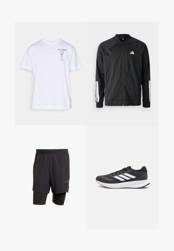 Casaco atlético preto com fecho na frente, mangas raglan, logotipo Adidas branco e riscas brancas nas mangas. Tecido suave com punhos elásticos.; T-shirt de algodão branca com mangas curtas, apresentando um gráfico impresso de uma raquete de ténis e o texto "Grand Slam Björn Borg" no lado esquerdo do peito.; Calções atléticos pretos com camada interior integrada, feitos de tecido respirável. Apresentam um logotipo subtil e textura estruturada. Cintura ajustável.; Shoe de atletismo preto com parte superior em malha respirável, detalhes brancos e sola almofadada. Apresenta o logotipo das três riscas na lateral.