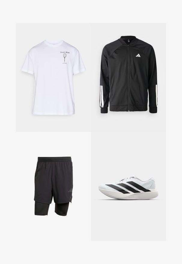 Melna sporta jaka ar priekšējo rāvējslēdzēju, raglanu piedurknēm, baltu Adidas logo un baltām svītrām uz piedurknēm. Gluda auduma sastāvs ar elastīgām aprocēm.; Balts kokvilnas T-krekls ar īsām piedurknēm, uz kura krūšu kreisajā pusē ir drukāts tenisa raketes attēls un teksts "Grand Slam Björn Borg".; Melni sporta šorti ar iebūvētu iekšējo slāni, izgatavoti no elpojoša auduma. Iekļautas diskrētas logotipa detalizācijas un strukturēta tekstūra. Regulējama jostasvieta.; Gaiši zili vieglie skriešanas apavi ar melniem svītrainiem. Iezīmēti ar gludu augšpusi, apaļu purngalu un biezāko balto vidējo zoli, kurā ir uzraksts "LIGHTSTRIKE PRO."
