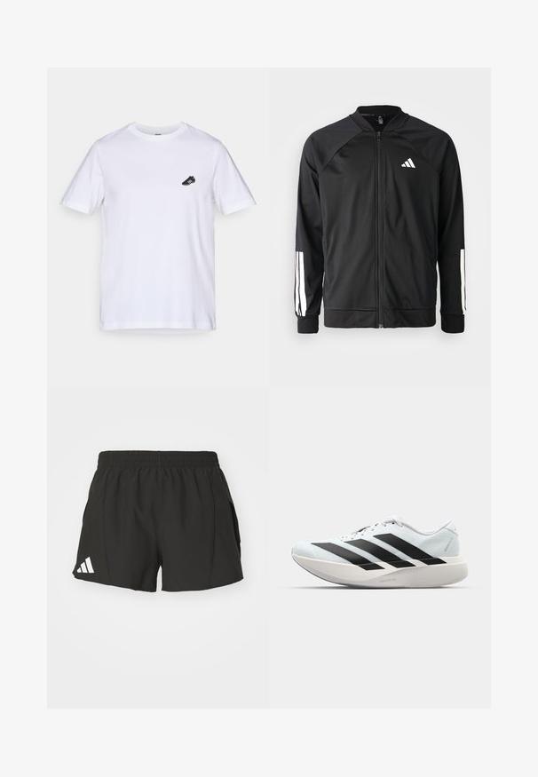 Zwarte sportjack met een rits aan de voorkant, raglanmouwen, wit Adidas-logo en witte strepen op de mouwen. Gladde stof met elastische manchetten.; Witte katoenen t-shirt met korte mouwen en een ronde halslijn; heeft een kleine zwarte voetbalschoenafbeelding op de linkerkant van de borst.; Zwarte sportshorts gemaakt van lichtgewicht materiaal, met een elastische tailleband, zijzakken en een wit Adidas-logo op het linkerbeen.; Lichte hardloopschoenen in lichtblauw met zwarte strepen. Beschikt over een soepele bovenkant, ronde neusstuk en dikke witte tussenzool met het label "LIGHTSTRIKE PRO."