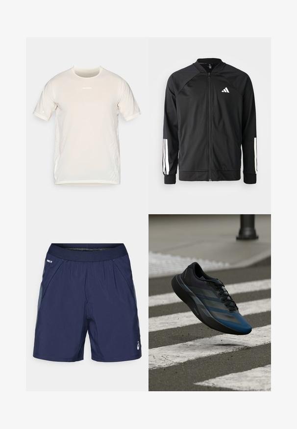 Fekete sportdzseki elől cipzárral, raglán ujjaival, fehér Adidas logóval és fehér csíkokkal az ujjakon. Simakészletű anyag rugalmas mandzsettákkal.; Beige Salomon rövid ujjú sportpóló kerek nyakkal és finom fehér grafikus vonalakkal az oldalán.; Tengerészkék sportnadrág, rugalmas derekkal, oldalsó zsebekkel és világosszürke részletekkel. Könnyű, sima anyagból készült a kényelem érdekében.; Fekete és kék sportcipő áramvonalas kialakítással, texturált felsőrésszel, kontrasztos csíkokkal és párnázott talppal, járda fölött lebegve.