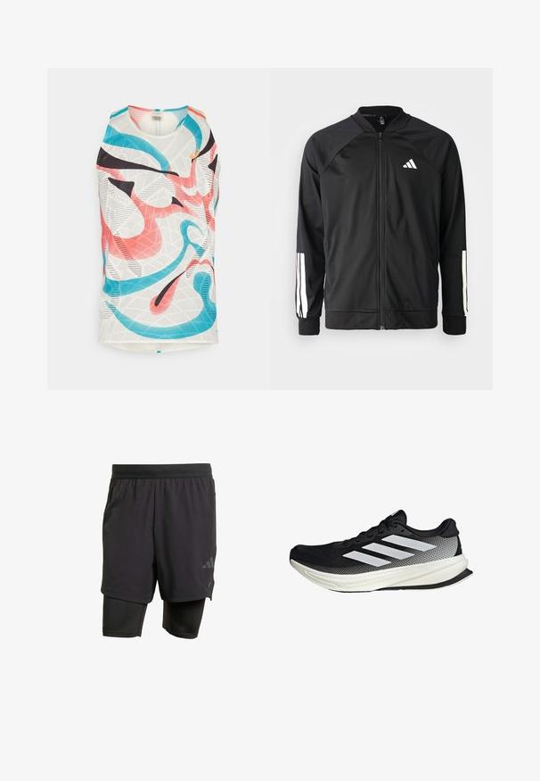 Zwarte sportjack met een rits aan de voorkant, raglanmouwen, wit Adidas-logo en witte strepen op de mouwen. Gladde stof met elastische manchetten.; Mouwloze sporttop van meshstof. Heeft een abstract patroon in meerdere kleuren: roze, blauw en zwart. Ronde halsontwerp.; Zwarte sportshorts met geïntegreerde binnenlaag, gemaakt van ademend materiaal. Bevat een subtiele logo en gestructureerde textuur. Verstelbare tailleband.; Zwarte sportieve schoen met een mesh ontwerp, voorzien van witte strepen, een ronde neus en een gestructureerde zool voor grip en ondersteuning.