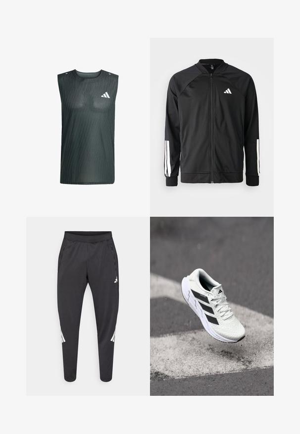 Giacca atletica nera con zip frontale, maniche raglan, logo Adidas bianco e strisce bianche sulle maniche. Tessuto liscio con polsini elasticizzati.; Gilet senza maniche di colore grigio scuro, realizzato in tessuto a rete, con un motivo sottile, scollatura rotonda e un logo bianco sulla parte sinistra del petto.; Pantaloni atletici neri con gambe affusolate, cintura elastica, tasche laterali e dettagli con logo bianco e strisce. Realizzati in materiale liscio e leggero.; Scarpa sportiva bianca con tomaia in rete testurizzata, strisce nere, chiusura con lacci e suola ammortizzata, che levita sopra una superficie stradale segnata.