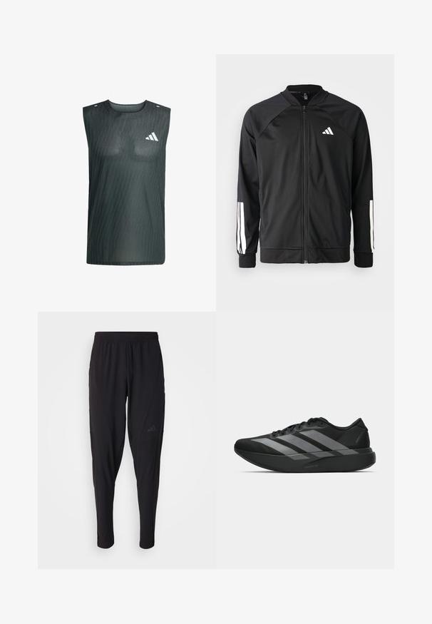 Black athletic jacket with a front zipper, raglan sleeves, white Adidas logo, and white stripes on sleeves. Smooth fabric with elastic cuffs.; Sleeveless dark gray vest made of mesh fabric, featuring a subtle pattern, rounded neckline, and a white logo on the left chest area.; Black athletic pants with an elastic waistband, tapered design, side pockets, and subtle logo detail. Made from flexible, breathable fabric.; Black athletic shoes with a lightweight design, featuring three prominent gray stripes, a smooth texture, and a contoured sole.