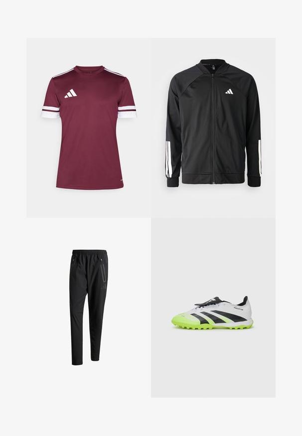 Čierna športová bunda s predným zipsom, raglánovými rukávmi, bielym logom Adidas a bielymi pruhmi na rukávoch. Hladká tkanina s elastickými manžetami.; Bordeaux športová košeľa s krátkymi rukávmi, biele pruhované akcenty, okrúhly výstrih a tri biele pruhy na pleci. Vyrobená z hladkej látky.; Čierne športové nohavice s elastickým pásom, dvoma bočnými zipsovými vreckami, zužujúcimi sa nohavicami a nenápadným detailom loga na bokoch.; Biele a čierne futbalové kopačky s neonovými zelenými akcentmi. Textúrovaný zvršok, čierne pruhy a tvarované kolíky na kontrastnej žiarivej podrážke.