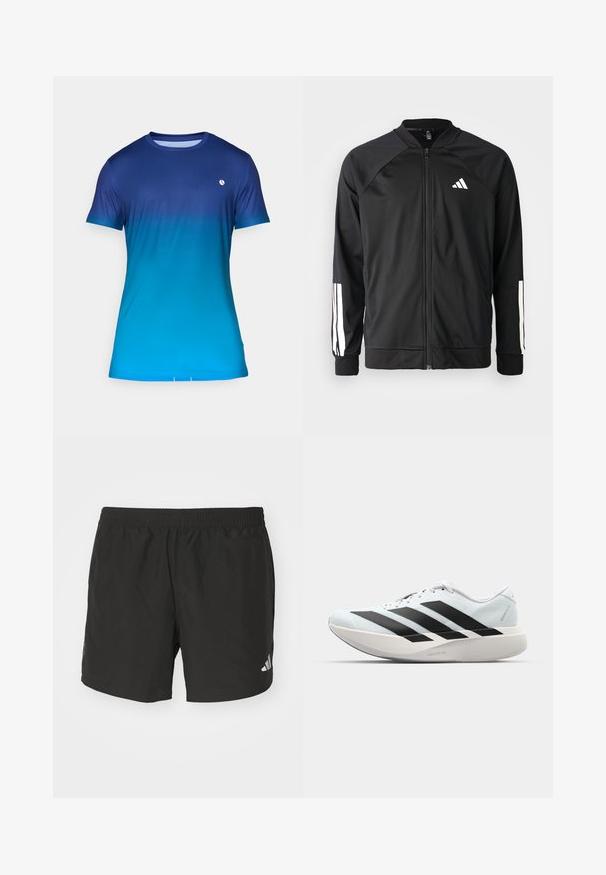 Jachetă sport neagră, cu fermoar frontal, mâneci raglan, logo Adidas alb și dungi albe pe mâneci. Material neted, cu manșete elastice.; Tricou cu mânecă scurtă în degradeu albastru, cu o textură netedă, guler rotund și un logo mic pe piept.; Pantaloni scurți sport negri cu talie elastică, fante laterale și accente cu logo reflectorizant. Confectionați dintr-un material ușor, neted.; Pantofi de alergare ușori în albastru deschis cu dungi negre. Au un superior neted, vârf rotund și o intermediară groasă albă etichetată "LIGHTSTRIKE PRO."