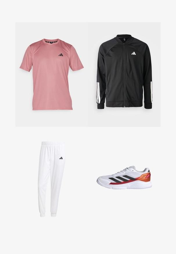 Čierna športová bunda s predným zipsom, raglánovými rukávmi, bielym logom Adidas a bielymi pruhmi na rukávoch. Hladká tkanina s elastickými manžetami.; adidas Performance Športové tričko - preloved crimson/black; Biele športové nohavice z hladkej tkaniny, s elastickým pásom a priliehavými manžetami, s čiernym logom na zadnej vrecku.; Biela atletická obuv s čiernymi pruhmi, hornou časťou zo štruktúrovanej sieťoviny, červeným a oranžovým accentom na päte a bielou gumovou podrážkou.