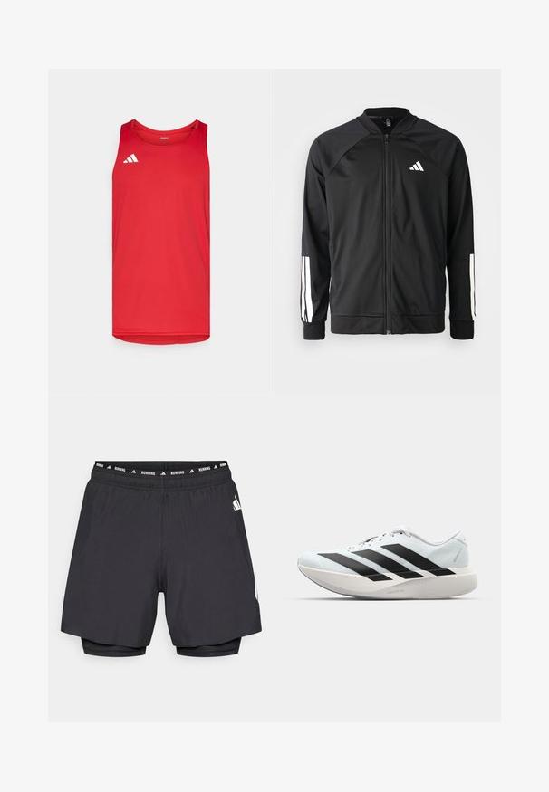 Μαύρο αθλητικό μπουφάν με μπροστινό φερμουάρ, ραγλανικά μανίκια, λευκό λογότυπο Adidas και λευκές ρίγες στα μανίκια. Λείο ύφασμα με ελαστικά μανίκια.; Κόκκινη αθλητική αμάνικη μπλούζα με στρογγυλή λαιμόκοψη. Φτιαγμένη από ελαφρύ ύφασμα με το λευκό λογότυπο της Adidas στην επάνω αριστερή πλευρά.; Μαύρο σορτς τρεξίματος με ελαστική ζώνη μέσης για σίγουρη εφαρμογή. Διαθέτει εσωτερική στρώση συμπίεσης, υφή υφάσματος και λευκές πλευρικές λεπτομέρειες.; Ελαφριά αθλητικά παπούτσια τρεξίματος σε ανοιχτό μπλε με μαύρες ρίγες. Διαθέτουν λείο άνω μέρος, στρογγυλή μύτη και παχύ λευκό ενδιάμεσο πέλμα που φέρει την ετικέτα "LIGHTSTRIKE PRO."
