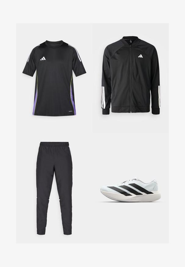 Casaco atlético preto com fecho na frente, mangas raglan, logotipo Adidas branco e riscas brancas nas mangas. Tecido suave com punhos elásticos.; Camiseta atlética preta de mangas curtas, com riscas brancas nos ombros, detalhes em verde e roxo, e um logótipo bordado no peito.; Calças atléticas pretas com um cós elástico, pernas ajustadas e acentos brancos nas laterais. Feitas de material sintético com uma textura suave.; Tênis de corrida leves em azul pálido com riscas pretas. Apresentam um cabedal liso, bico redondo e uma entressola espessa branca rotulada como "LIGHTSTRIKE PRO."