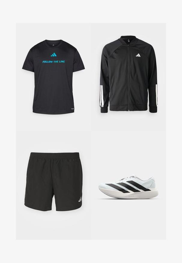 Zwarte sportjack met een rits aan de voorkant, raglanmouwen, wit Adidas-logo en witte strepen op de mouwen. Gladde stof met elastische manchetten.; Zwarte sport T-shirt van lichtgewicht stof, met "FOLLOW THE LINE" in helderblauw en een klein logo nabij de zoom.; Zwarte sportieve shorts met een elastische tailleband, zijsplits en reflecterende logo-accenten. Gemaakt van lichte, gladde stof.; Lichte hardloopschoenen in lichtblauw met zwarte strepen. Beschikt over een soepele bovenkant, ronde neusstuk en dikke witte tussenzool met het label "LIGHTSTRIKE PRO."