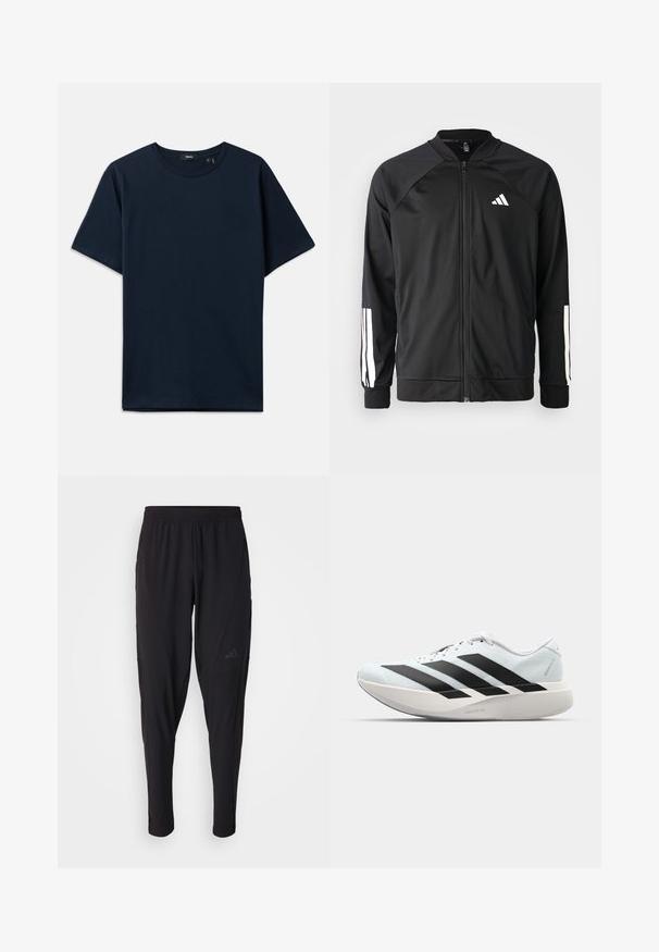 Veste de sport noire avec fermeture éclair à l'avant, manches raglan, logo Adidas blanc et bandes blanches sur les manches. Tissu lisse avec des poignets élastiques.; T-shirt en coton bleu marine à manches courtes, col rond et coupe décontractée. Design minimaliste sans motifs ni accents visibles.; Pantalons de sport noirs avec une taille élastique, design fuselé, poches latérales et détail de logo subtil. Fabriqués en tissu flexible et respirant.; Baskets de course légères en bleu pâle avec des rayures noires. Elles présentent un dessus lisse, un embout rond et une semelle intermédiaire blanche épaisse étiquetée "LIGHTSTRIKE PRO".