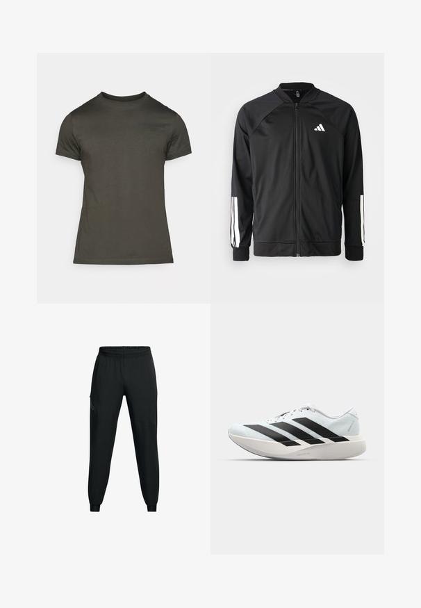Schwarze Sportjacke mit einem Frontreißverschluss, Raglanärmeln, weißem Adidas-Logo und weißen Streifen an den Ärmeln. Glattes Gewebe mit elastischen Bündchen.; Dunkelolivgrünes T-Shirt, kurze Ärmel, runder Halsausschnitt, aus weicher Baumwolle mit einem dezenten Logo auf der Vorderseite. Glatte Textur, lockere Passform.; Schwarze Sporthose mit elastischem Bund, tailliertem Bein-Design, seitlichen Taschen und kontrastierenden Paneeldetails. Leichter, glatter Stoff.; Leichte Laufschuhe in hellblau mit schwarzen Streifen. Sie verfügen über ein glattes Obermaterial, eine runde Zehenpartie und eine dicke weiße Zwischensohle, die mit "LIGHTSTRIKE PRO" beschriftet ist.