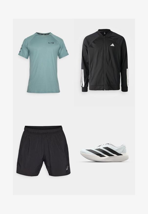 Black athletic jacket with a front zipper, raglan sleeves, white Adidas logo, and white stripes on sleeves. Smooth fabric with elastic cuffs.; Endless CAMISETA FEISTY ICONIC - Sports T-shirt - cypress; Black athletic shorts made from lightweight material, featuring an elastic waistband and a small logo on the lower left side.; Lightweight running shoes in pale blue with black stripes. Features a smooth upper, round toe, and thick white midsole labeled "LIGHTSTRIKE PRO."
