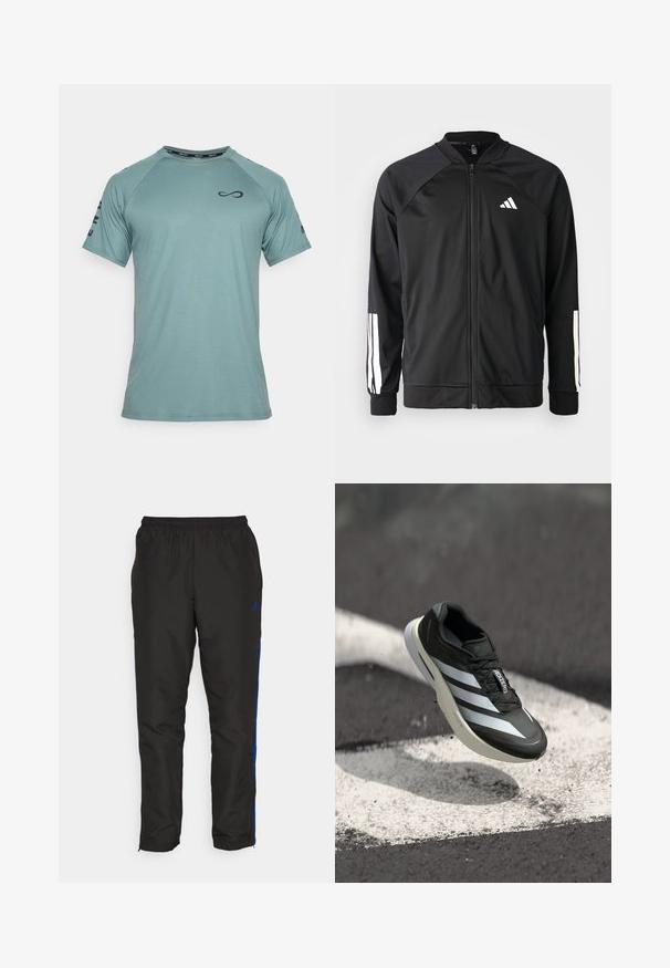 Chaqueta deportiva negra con cremallera frontal, mangas raglán, logo de Adidas en blanco y rayas blancas en las mangas. Tejido suave con puños elásticos.; Endless CAMISETA FEISTY ICONIC - Camiseta deportiva - cypress; Pantalones de chándal negros con franjas laterales azules, cinturilla elástica, textura suave y piernas ajustadas. Presenta un logo cerca de la cinturilla.; Zapato deportivo negro con tres franjas blancas, parte superior texturizada, diseño elegante y suela curvada, posicionado sobre una línea blanca en el asfalto.