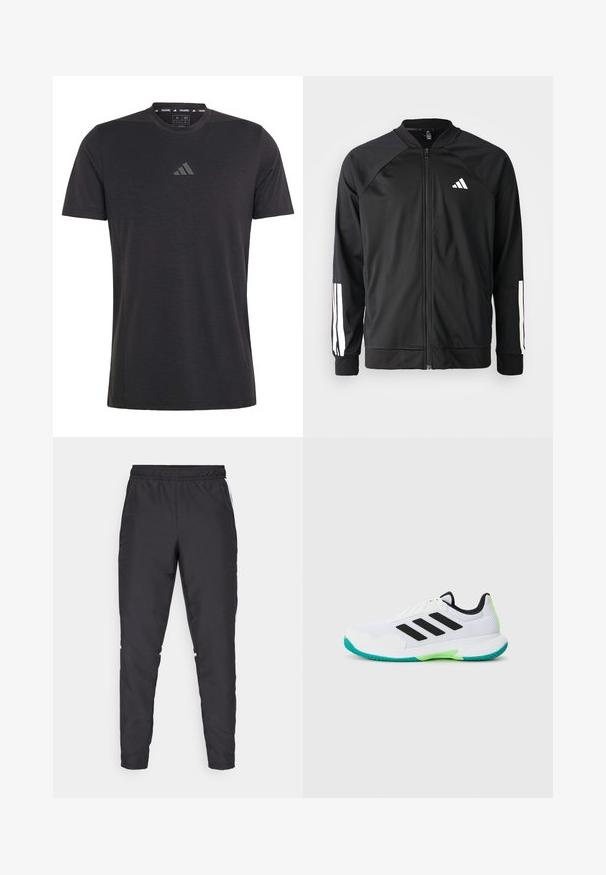 Giacca atletica nera con zip frontale, maniche raglan, logo Adidas bianco e strisce bianche sulle maniche. Tessuto liscio con polsini elasticizzati.; T-shirt da allenamento nera a maniche corte realizzata in tessuto leggero, con scollo rotondo e un sottile logo in rilievo sul petto.; Pantaloni sportivi neri con cintura elastica, gambe affusolate e dettagli laterali bianchi. Realizzati in materiale sintetico con una texture liscia.; Scarpa sportiva bianca con tomaia in rete, strisce nere e dettagli verdi. Presenta una suola testurizzata e un collo imbottito per supporto.