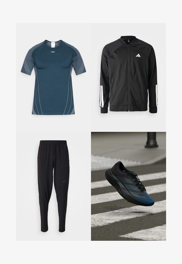 Mustar mustreeritud spordijakk, millel on ees lukuga taskud, raglanvarrukad, valge Adidas logo ja valged triibud varrukatel. Sile kangas elastsete mansettidega.; Tumed sinine spordipait, millel on lühikesed varrukad, sobiv disain, tekstureeritud õlavarrepaneelid ja peegeldavad detailid nähtavuse tagamiseks.; Mustad mustat spordipüksid elastse vöökohtaga, kitseneva disaini, küljetaskute ja peene logodetailiga. Valmistatud paindlikust ja hingavast kangast.; Must ja sinine spordijalats voolava disainiga, millel on tekstureeritud üliskihiga, kontrastsed triibud ja pehme tallaga, hõljumas asfaldipinna kohal.