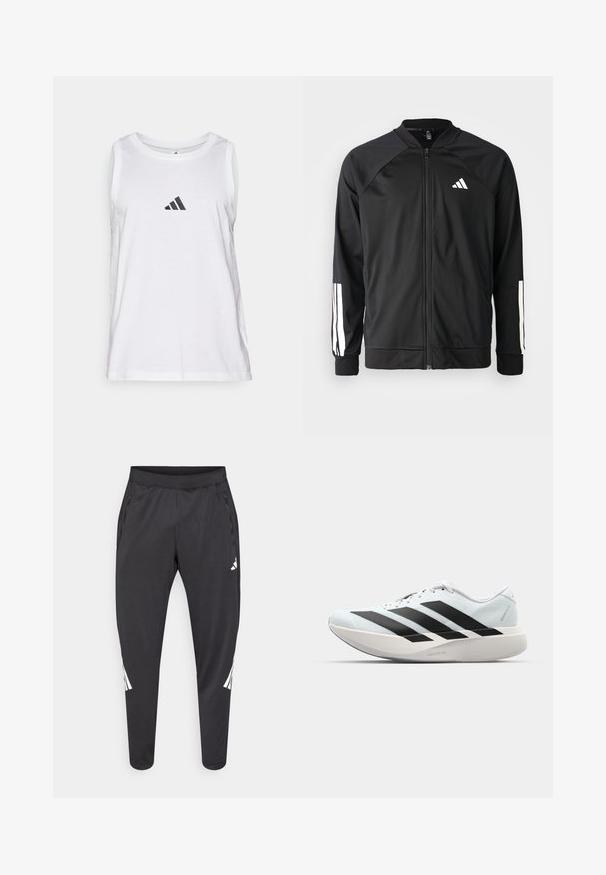 Casaco atlético preto com fecho na frente, mangas raglan, logotipo Adidas branco e riscas brancas nas mangas. Tecido suave com punhos elásticos.; T-shirt sem mangas branca feita de tecido suave, apresentando um pequeno logo preto da Adidas no peito e um design de corte relaxado.; Calças atléticas pretas com pernas afiladas, cintura elástica, bolsos laterais e detalhes em logo e riscas brancas. Confeccionadas em material liso e leve.; Tênis de corrida leves em azul pálido com riscas pretas. Apresentam um cabedal liso, bico redondo e uma entressola espessa branca rotulada como "LIGHTSTRIKE PRO."