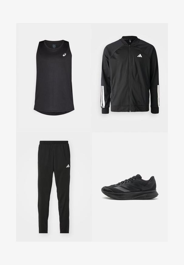 Veste de sport noire avec fermeture éclair à l'avant, manches raglan, logo Adidas blanc et bandes blanches sur les manches. Tissu lisse avec des poignets élastiques.; Débardeur de sport sans manches noir en tissu léger, avec un ourlet arrondi et un logo blanc sur le devant en haut à gauche.; Pantalons de sport noirs avec une taille élastique, design fuselé et un logo Adidas blanc sur la cuisse gauche. Tissu lisse et léger.; Chaussure de sport noire en matériaux en maille et synthétiques, design épuré, semelle courbée et détails texturés sur le dessus.