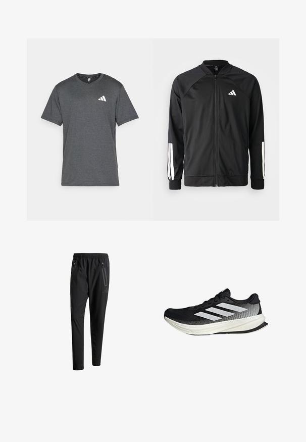 Crna sportska jakna s prednjim zatvaračem, raglan rukavima, bijelim Adidas logom i bijelim prugama na rukavima. Glatka tkanina s elastičnim manžetama.; Tamno siva atletska majica od prozračnog materijala, s kratkim rukavima i bijelim logotipom na lijevoj strani prsnog koša. Teksturirana površina.; Crne atletske hlače s elastičnim pojasom, dva bočna džepa sa zatvaračem, suženi nogavici i diskretnim logotipom na kuku.; Crna atletska cipela s mrežastim dizajnom, koja ima bijele pruge, zaobljeni vrh i teksturiranu potplate za prianjanje i potporu.