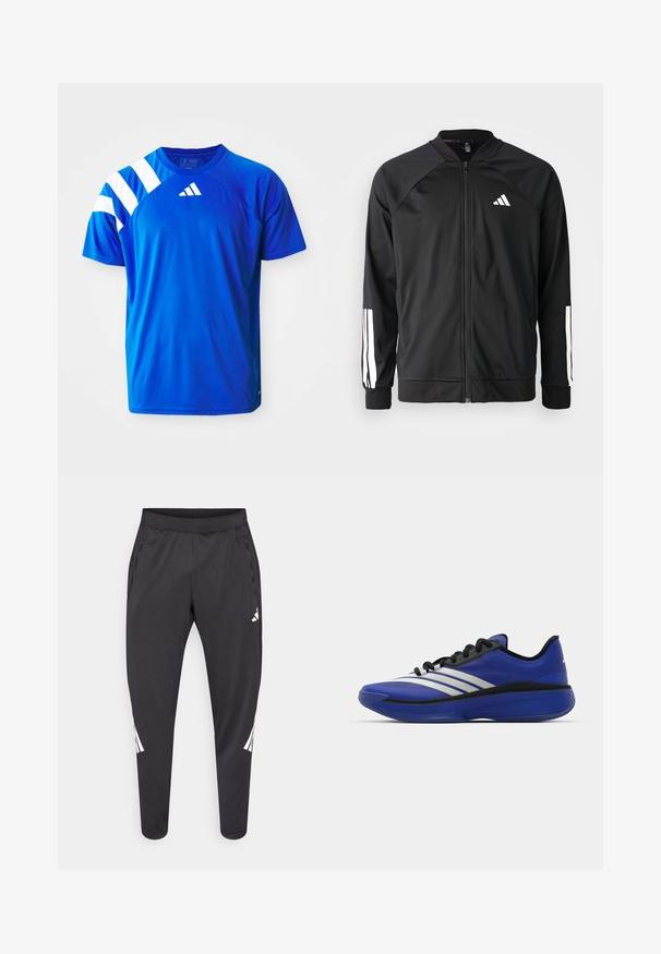 Černá sportovní bunda s předním zipem, raglánovými rukávy, bílým logem Adidas a bílými pruhy na rukávech. Hladká tkanina s elastickými manžetami.; Modrá sportovní košile vyrobená z lehkého materiálu, s bílými diagonálními pruhy na levém rameni a vystouplým logem na hrudi.; Černé atletické kalhoty se zúženými nohavicemi, elastickým pasem, bočními kapsami a bílým logem a proužky jako ozdobou. Vyrobené z hladkého, lehkého materiálu.; adidas Performance ADIZERO SELECT 3.0 - Basketbalové boty - lucid blue/core black/metallic